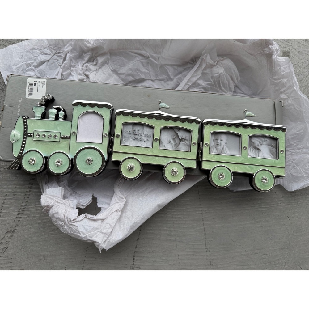 Things Remembered Baby Train Picture Frame Mint Green Silver Enamel 5 Openings